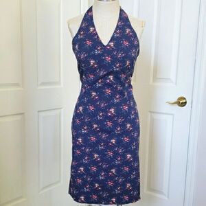 RARE 90s Vintage RALPH LAUREN TARTAN PLAID LABEL Navy Floral Halter Dress SIZE 8